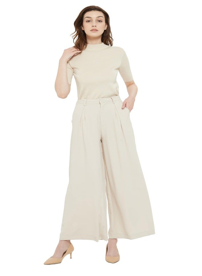Tronjori Women High Waist Casual Wide Leg Long Palazzo Pants Trousers Regular Size(XS,Beige Short) - Image 3